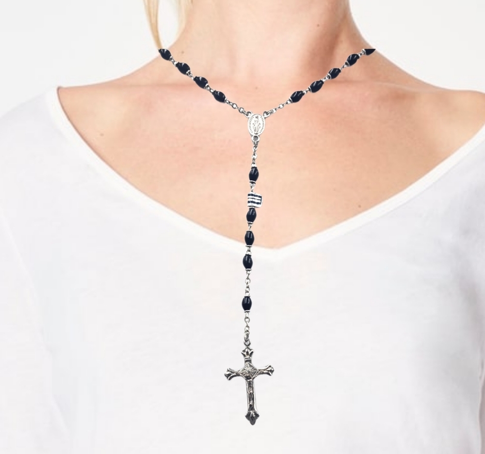Black & Silver Rosary Necklace w/ Crucifix | Classic Catholic Devotional. ITALY